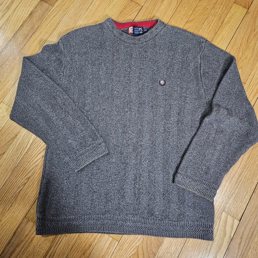 Ralph Lauren Men's Gray Herringbone Crewneck Sweater with Red Neck Trim